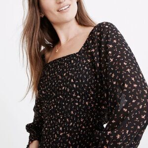 Madewell Georgette Lucie Bubble-Sleeve Smocked Top